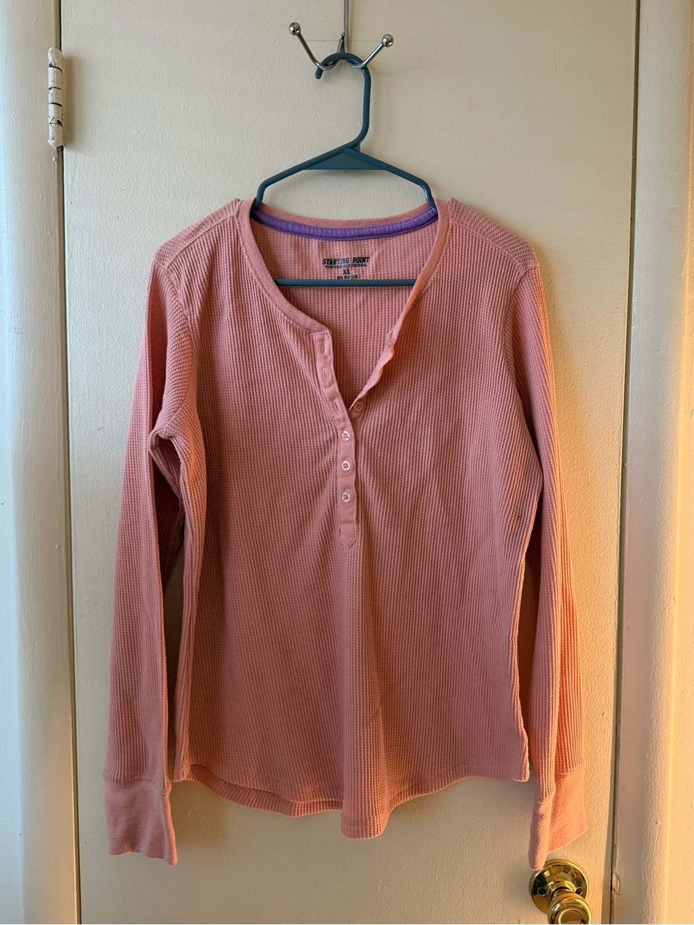 Waffle-Knit Henley Long-Sleeve Top in Dusty Rose